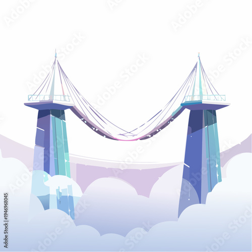 Whimsical suspension bridge illustration floating amidst soft, ethereal clouds, a serene architectural fantasy