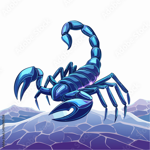 Vivid Stylized Blue Metallic Scorpion Vector Illustration on Abstract Purple Surface - Modern Graphic Art