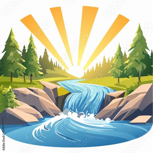 Beautiful nature illustration of a sun rising over a flowing river and waterfall