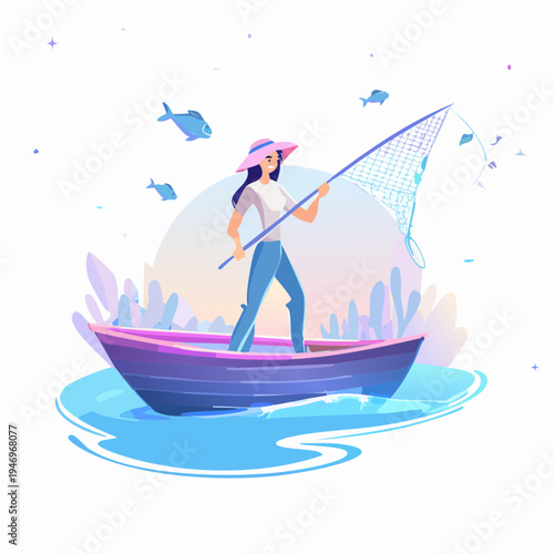 Cartoon woman enjoying fishing from a boat with a net, showcasing a tranquil outdoor leisure activity on the water