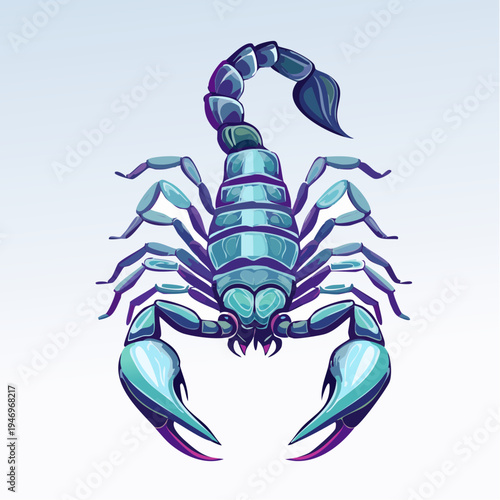 Striking blue scorpion illustration with a segmented tail and powerful claws