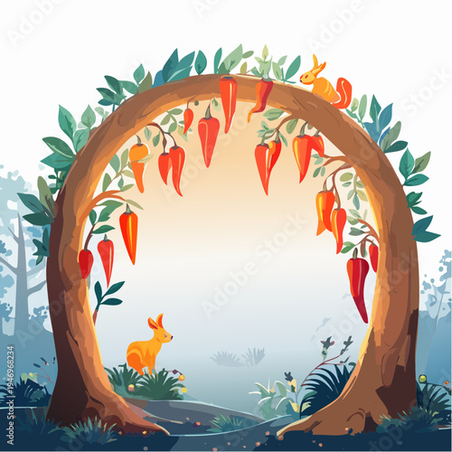 A whimsical tree with chili peppers, inhabited by a rabbit and a squirrel