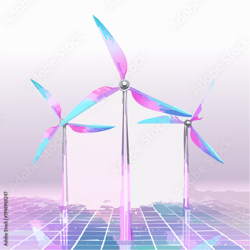 Ethereal Windmills with Watercolor Blades Standing Tall on a Colorful Cybernetic Terrain