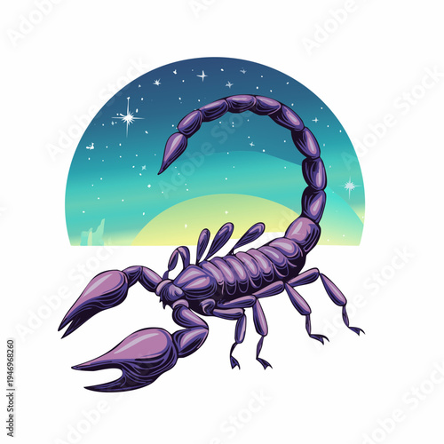 Striking Purple Scorpion Depiction with a Gradient Celestial Background, Capturing the Essence of Astrology