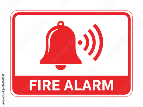 Red and white vector sign featuring a bell icon and text indicating a fire alarm system