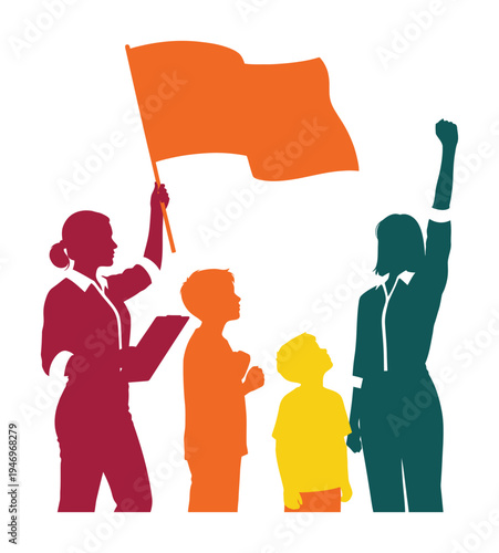 Colorful vector of people holding a flag and standing together in solidarity