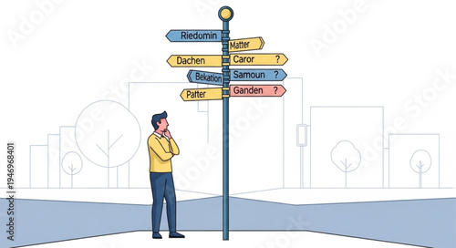 Man standing at crossroads sign.