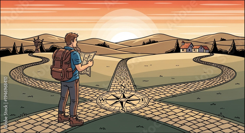 Man standing on pathway crossroads.