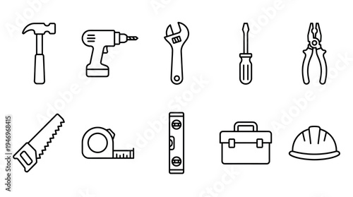 A clean, modern icon set featuring essential construction and DIY tools like a hammer, drill, wrench, and safety helmet on a white background.