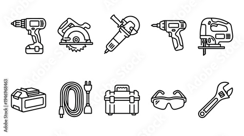 A clean, minimalist collection of line art icons representing various power tools, including drills, saws, grinders, and safety gear, perfect for design projects.