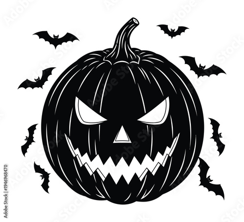 Spooky vector of a jack-o'-lantern with an evil face surrounded by bats