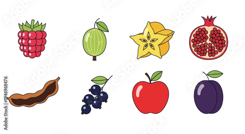 Various colorful fruit illustrations on white