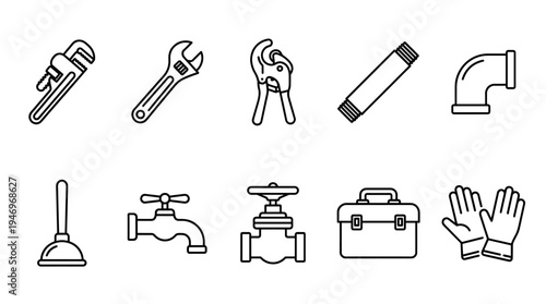 A collection of simple line art icons depicting various plumbing tools and equipment on a clean white background, ideal for technical illustrations.