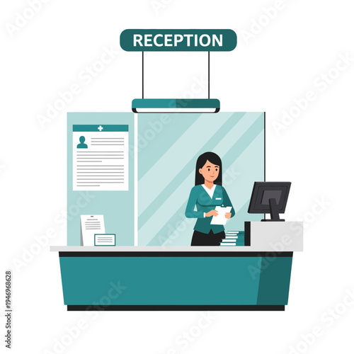 Professional Receptionist at Modern Medical Clinic, Welcoming Patients, Offering Service and Support