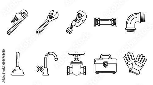 A clean line art collection of essential plumbing tools and equipment, including wrenches, pipes, a plunger, faucet, toolbox, and gloves, on a white background.