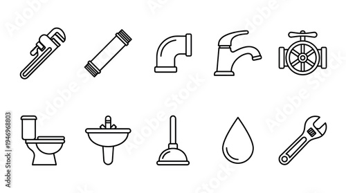 A collection of simple black and white line art icons representing various plumbing tools and fixtures, including wrenches, pipes, a faucet, a toilet, and a sink.