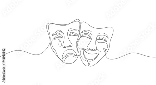 Foto Comedy and Tragedy Theater Masks in Continuous Single Line Art