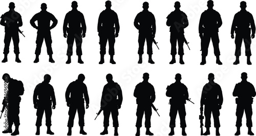 Army soldier silhouettes collection featuring military personnel standing with rifles and tactical gear isolated on white background defense forces set