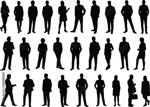 Business people silhouette icon set, professional team graphics, corporate diversity symbols, office staff figures, black vector, white background