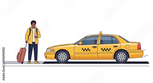 Man standing beside yellow taxi.