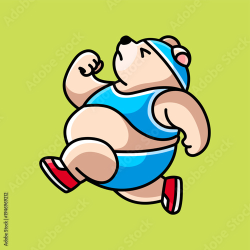 Funny Chubby Bear Jogging Cartoon Character Illustration, Cute Fat Bear Running Exercise Mascot 