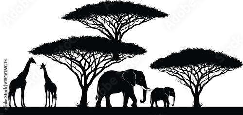 African safari landscape silhouettes with elephants giraffes and acacia trees isolated vector illustration for wildlife nature savanna scene design