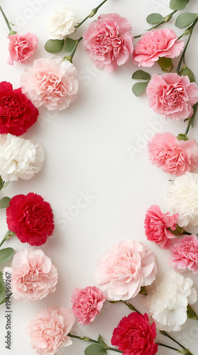 母の日に使えるカーネーションの縦長フレーム背景（コピースペースあり）