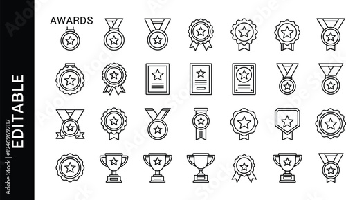 Awards medals badges and trophy line icons collection editable outline vector set for achievement prize winner recognition design