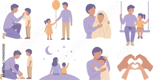 Emotional support parent child bonding scenes with drying tears swing shoelaces looking at moon heart hands cozy towel in lavender beige soft apricot for family love design