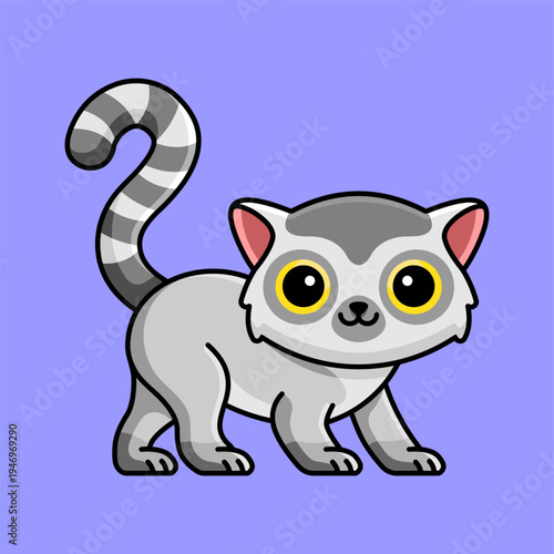Cute Gray Lemur Cartoon Character with Big Eyes Standing Illustration, Adorable Animal Mascot 
