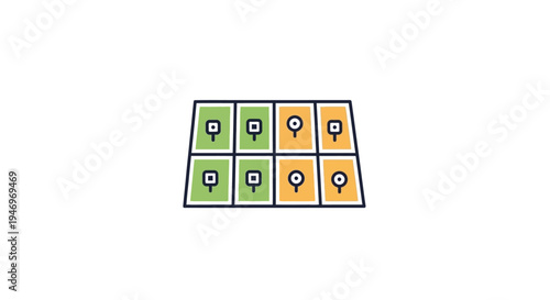 Colorful map markers on squares.