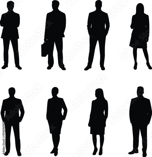 Business professional silhouette icon set, corporate people graphics, office diversity symbols, workplace staff figures, black vector, white background