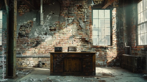 Abandoned Office Desk in Dilapidated Industrial Building with Brick Walls and Grimy Windows.