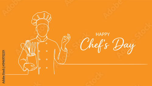 Happy Chef's Day Continuous Line Art Illustration on Orange