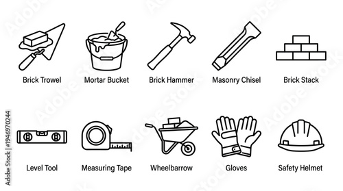A clean line art collection of essential construction and masonry tools, perfect for DIY or professional building projects.
