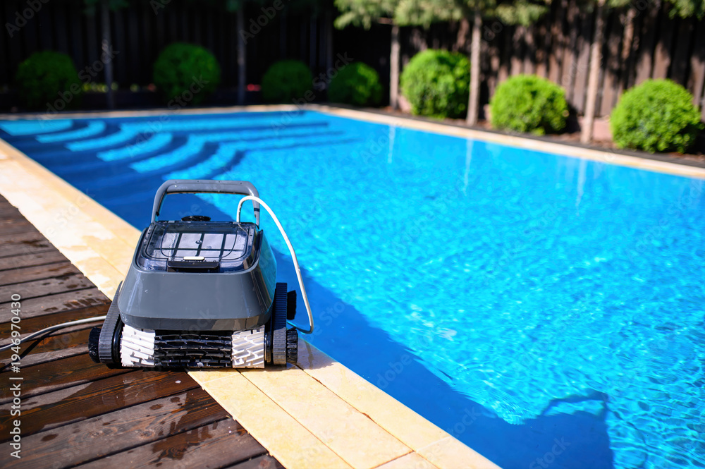Naklejka premium A pool cleaning robot is placed on the edge of an outdoor swimming pool with clear blue water. Green bushes and trees in the background create a cozy private backyard atmosphere