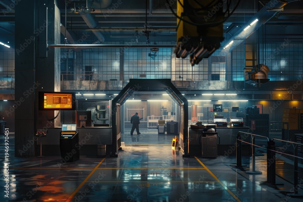 Fototapeta premium Futuristic Industrial Facility Interior with Advanced Technology and Robotic Elements.