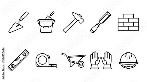A set of clean line art icons depicting essential construction tools and safety equipment, perfect for illustrating building and renovation projects.