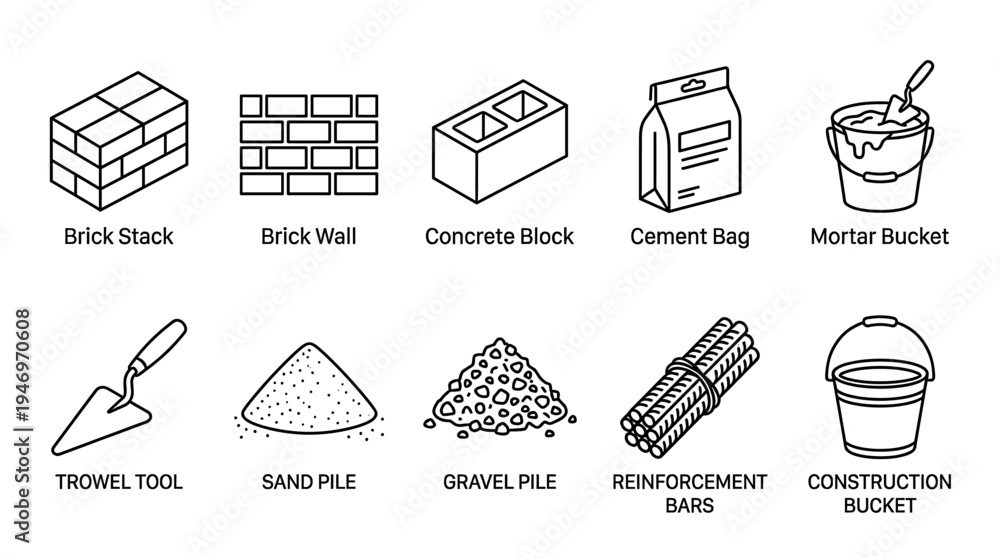 Fototapeta premium A clean line art illustration displays various essential construction materials and tools, including bricks, cement, sand, and trowels, perfect for architectural or DIY projects.