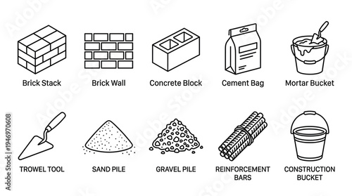 A clean line art illustration displays various essential construction materials and tools, including bricks, cement, sand, and trowels, perfect for architectural or DIY projects.
