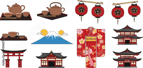 Japanese Culture Icon Set Featuring Tea Ceremony, Mount Fuji, Traditional Kimono, Temples, and Lanterns for Cultural and Travel Designs