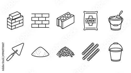 A collection of simple line art icons representing various construction materials and tools, including bricks, cement bag, trowel, buckets, and gravel.
