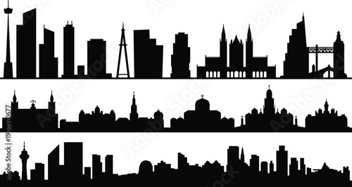 City skyline silhouette icon set, urban architecture graphics, landmark building symbols, metropolitan design figures, black vector, white background