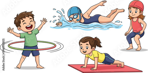 Kids' Physical Activity and Exercise Icon Set Featuring Swimming, Hula Hooping, Yoga, and Sports for Healthy Lifestyle Designs