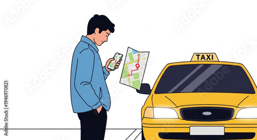 Man standing next to taxi.
