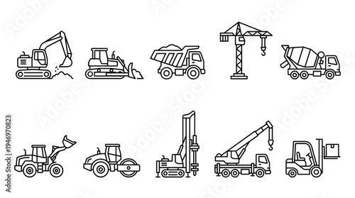 A clean line art illustration collection of various heavy-duty construction and industrial vehicles used in building and logistics.