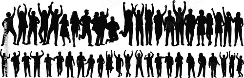Celebration people silhouette icon set, dancing and jumping graphics, joyful expression symbols, party crowd figures, black vector, white background