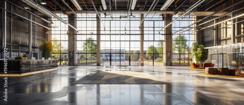 Modern Industrial Loft Space with Large Windows and Polished Concrete Floor.