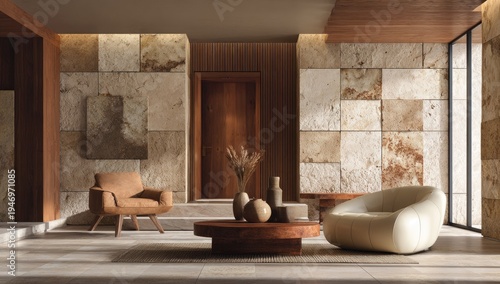 Modern Living Room with Stone Walls and Contemporary Furniture.