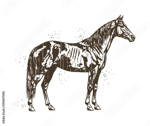 Vector of a horse with intricate shading and bold lines showcasing the animal in a standing pose